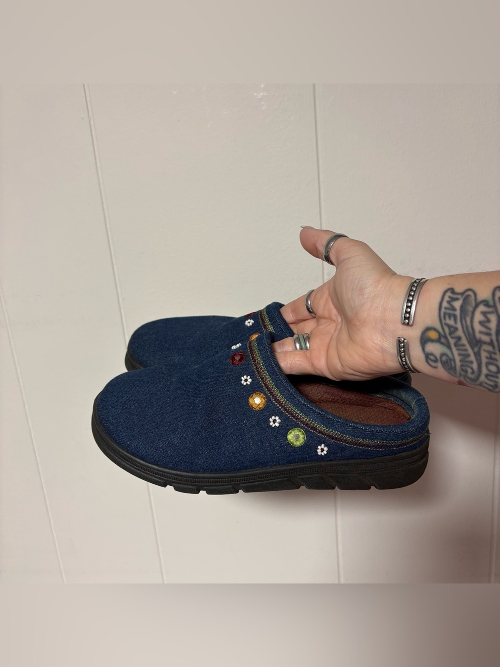 Y2K 90s 00s No Boundaries Denim Floral Embroidered Slip On Cute Clog Mules 6.5